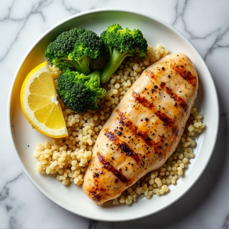 Grilled Lemon-Garlic Chicken Breast with Quinoa and Roasted Broccoli