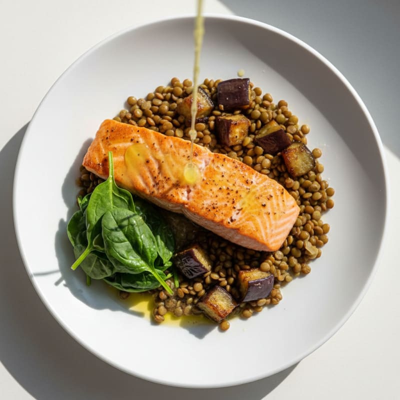 Seared Salmon with Lentil and Roasted Eggplant Medley