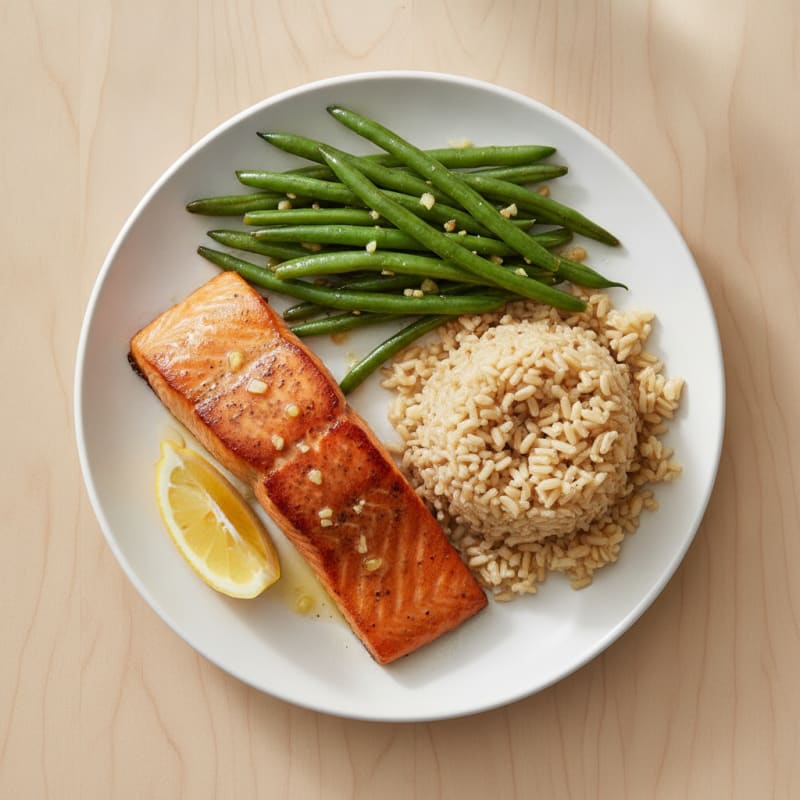 Seared Salmon Fillet with Garlic Green Beans and Brown Rice