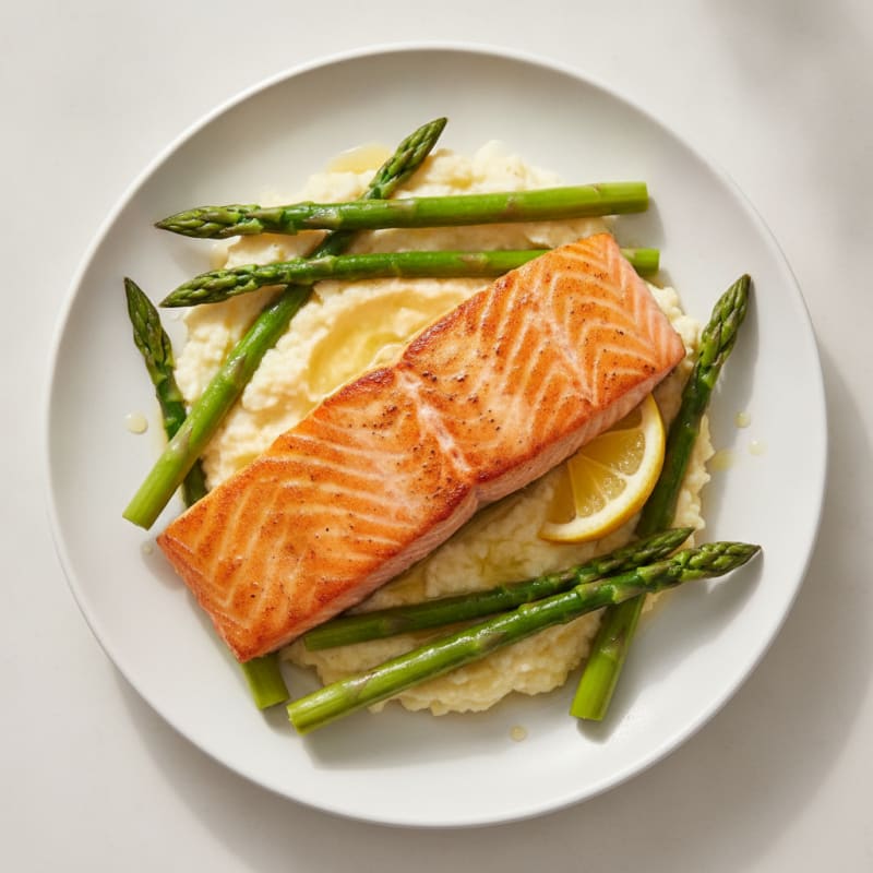 Seared Salmon Fillet with Steamed Asparagus and Cauliflower Mash