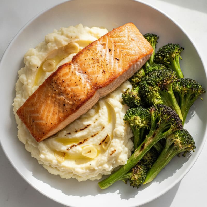 Seared Salmon with Roasted Broccoli and Garlic Mashed Cauliflower