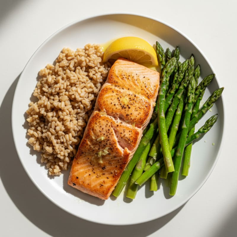 Seared Salmon with Steamed Asparagus and Brown Rice