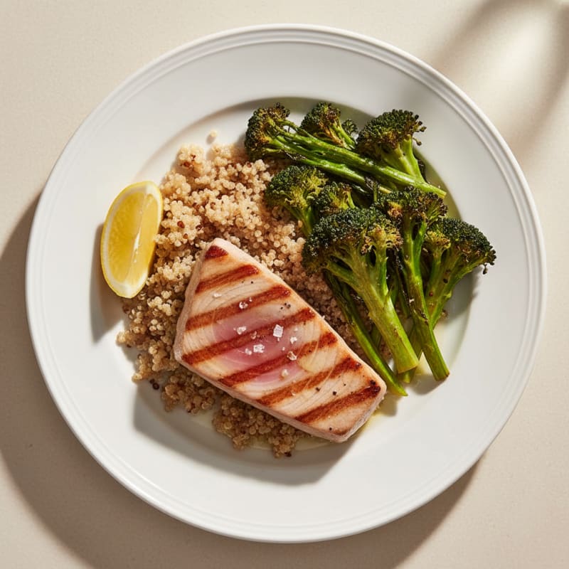 Grilled Tuna Steak with Roasted Broccoli and Quinoa