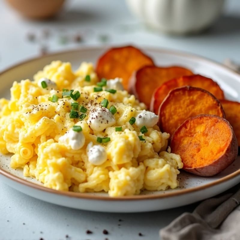 Scrambled Eggs with Cottage Cheese and Roasted Sweet Potato