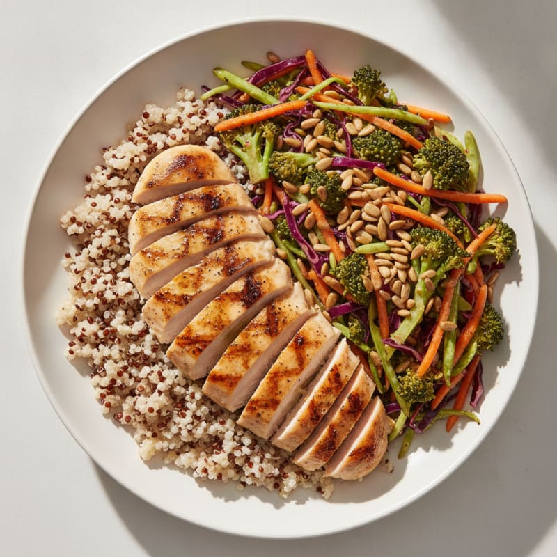 Grilled Chicken Breast with Quinoa and Crunchy Broccoli Slaw