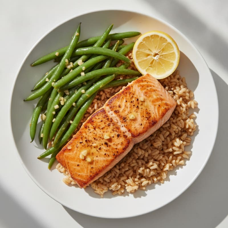 Seared Salmon Fillet with Garlic Green Beans and Brown Rice