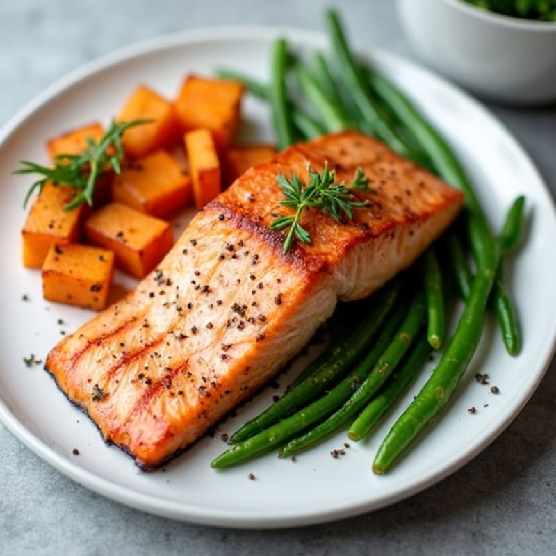 Seared Salmon Fillet with Roasted Sweet Potato and Green Beans