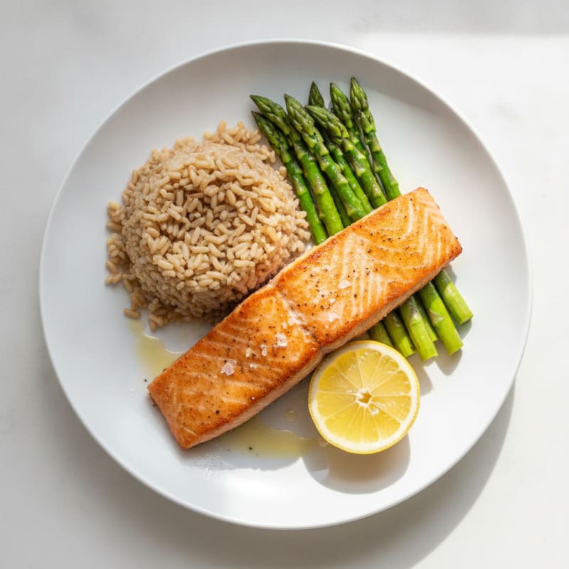 Seared Salmon Fillet with Steamed Asparagus and Brown Rice