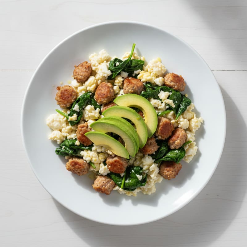 Egg White Scramble with Chicken Sausage and Sautéed Spinach