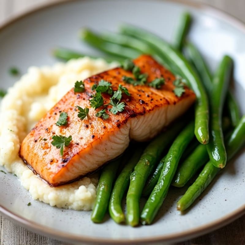 Seared Salmon with Garlic Green Beans and Cauliflower Mash