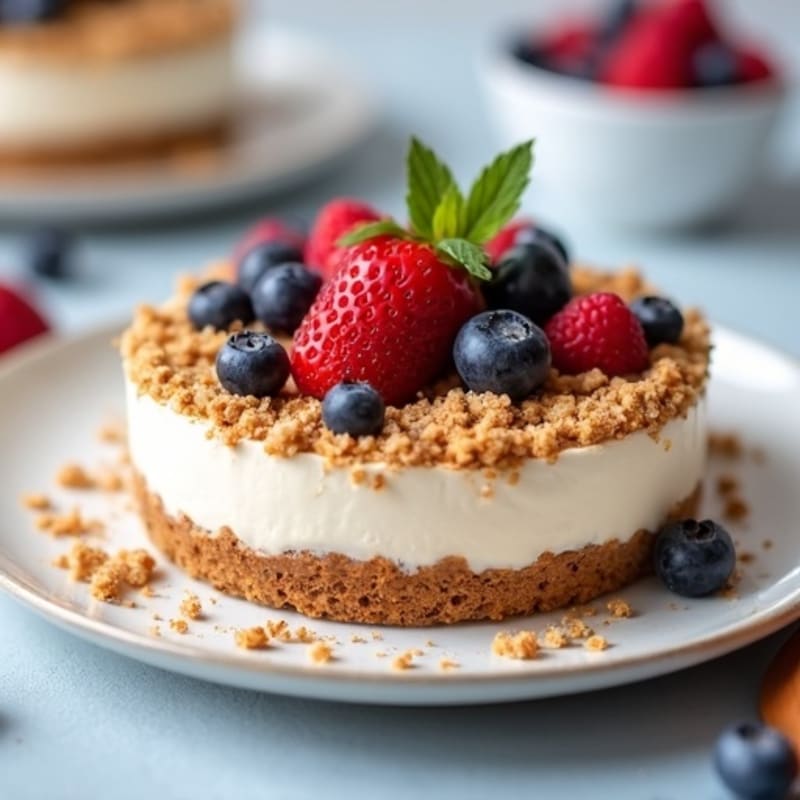 Greek Yogurt Protein Cheesecake with Mixed Berries and Almond Crumble