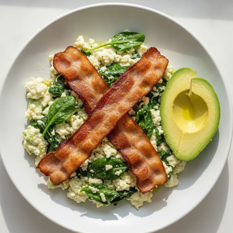 Crispy Turkey Bacon and Egg White Scramble with Sautéed Spinach