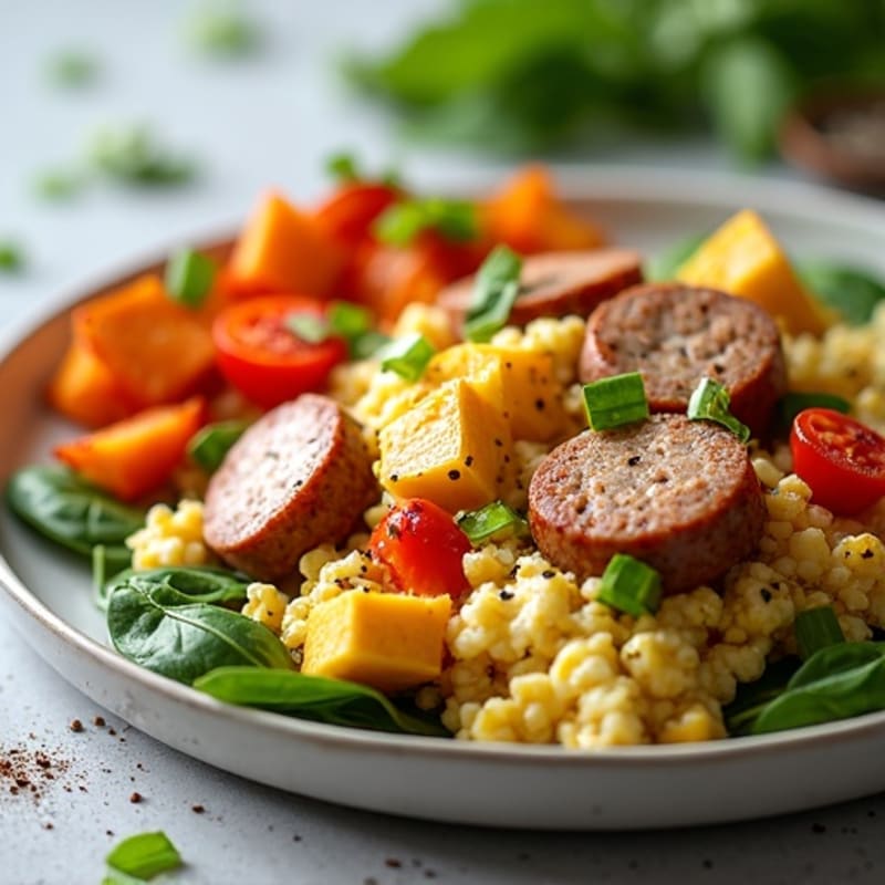 Egg White and Turkey Sausage Scramble with Roasted Sweet Potatoes