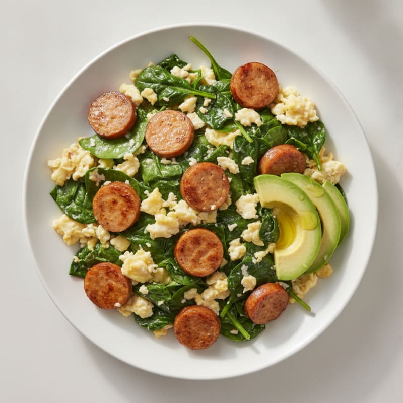 Crispy Turkey Sausage and Egg White Scramble with Spinach