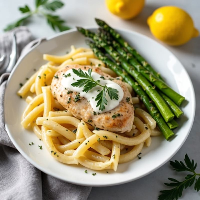 Creamy Lemon Herb Chicken Pasta with Roasted Asparagus