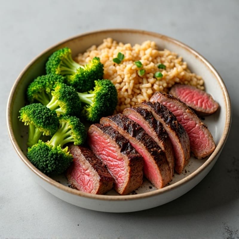 Seared Beef and Roasted Broccoli with Brown Rice