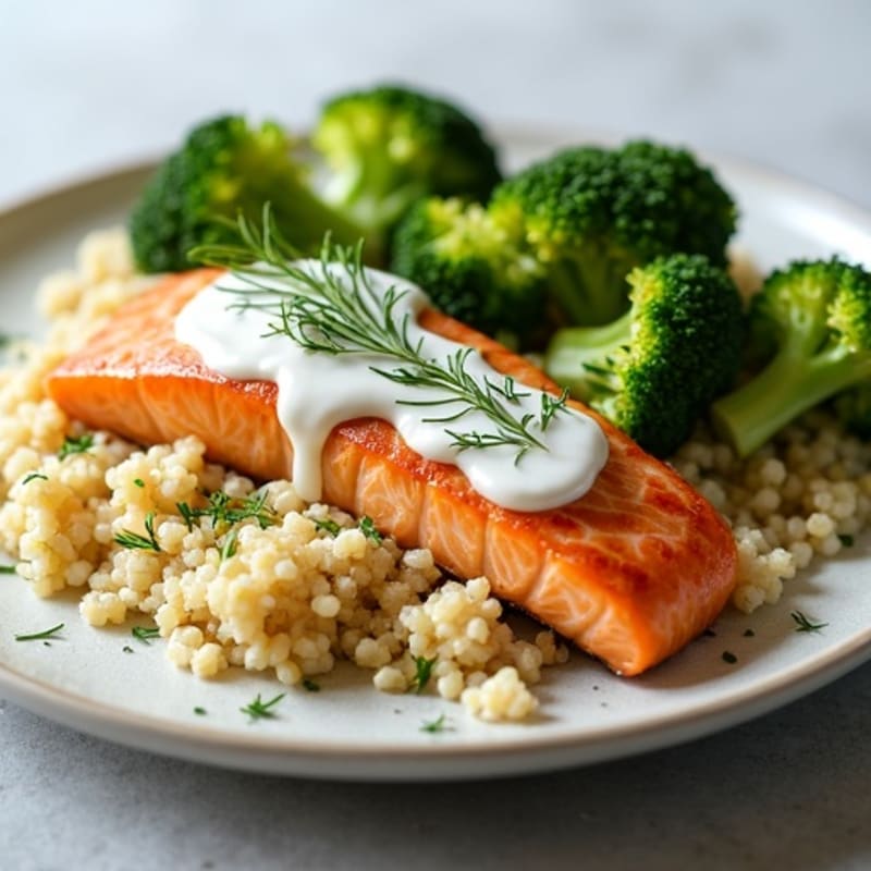 Seared Salmon with Roasted Broccoli and Quinoa with Lemon Greek Yogurt Sauce