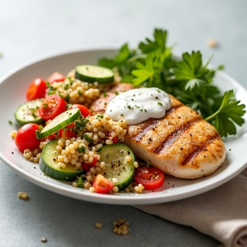 Grilled Chicken Breast with Crunchy Quinoa Salad and Lemon Yogurt Dressing