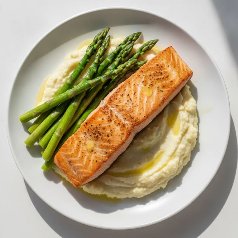 Seared Salmon with Steamed Asparagus and Cauliflower Mash
