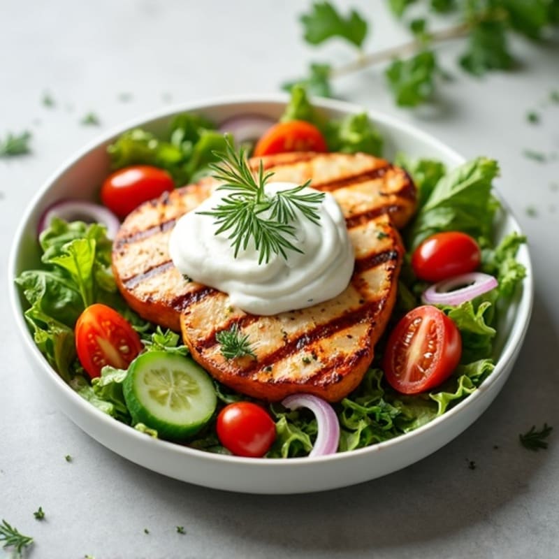 Grilled Chicken Salad with Roasted Sweet Potatoes and Creamy Lemon-Herb Dressing