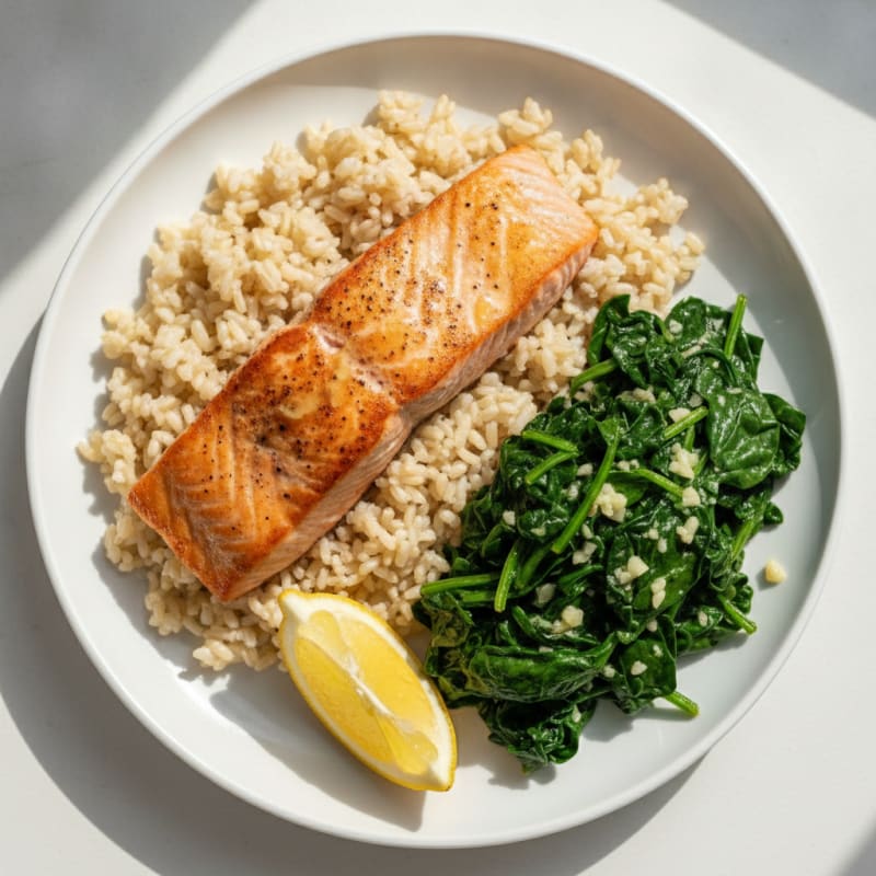 Seared Salmon Fillet with Steamed Brown Rice and Garlic Spinach