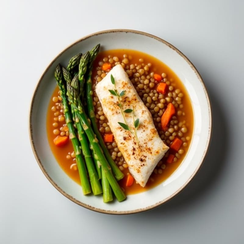 Seared White Fish with Steamed Asparagus and Lentil Soup