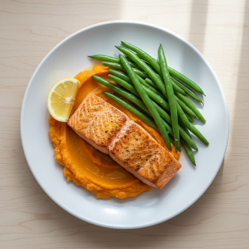 Seared Salmon Fillet with Steamed Green Beans and Sweet Potato Mash