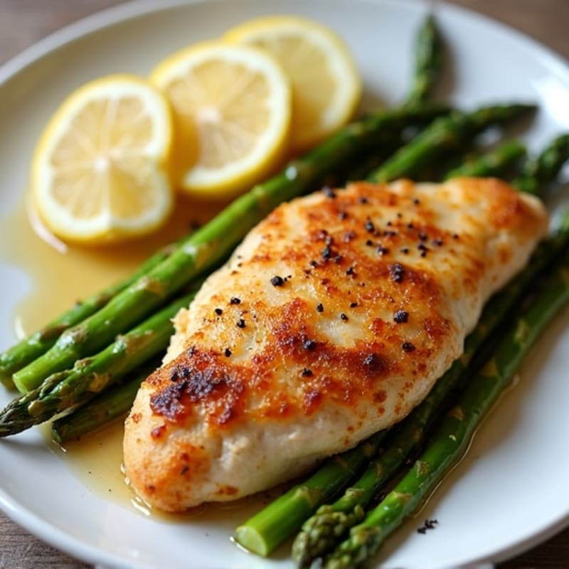 Crispy Lemon Garlic Pan-Seared Chicken with Roasted Asparagus