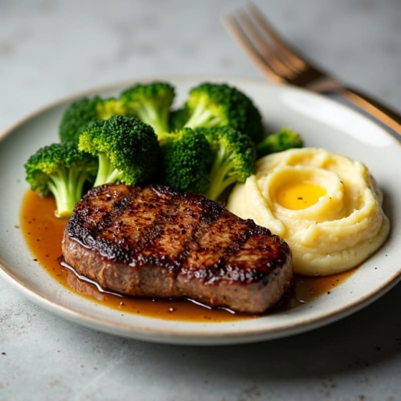 Seared Steak with Roasted Broccoli and Garlic Mashed Potatoes