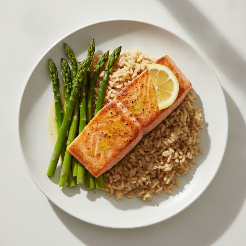 Seared Salmon with Steamed Asparagus and Brown Rice