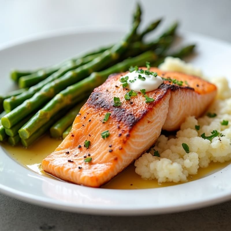 Seared Salmon with Steamed Asparagus and Garlic Mashed Cauliflower