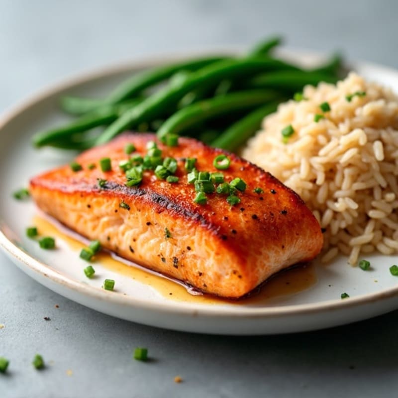 Seared Salmon Fillet with Garlic Green Beans and Brown Rice