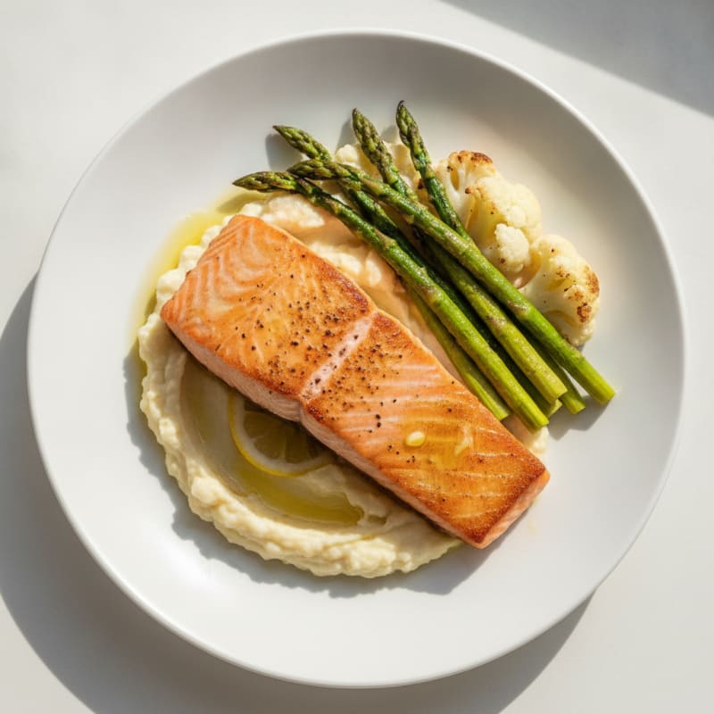 Seared Salmon with Roasted Asparagus and Cauliflower Mash