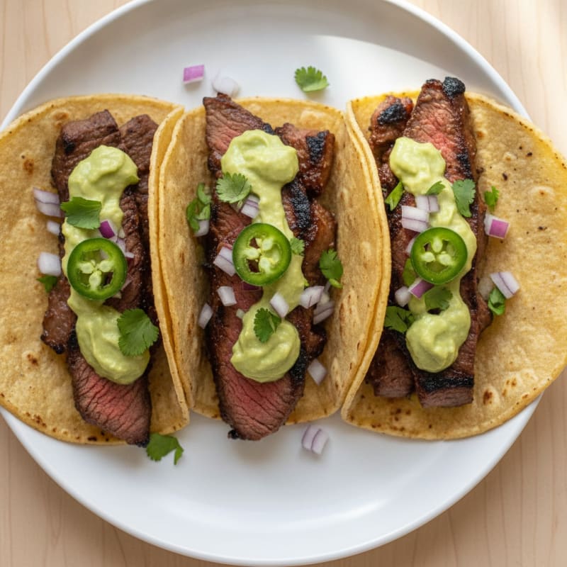 Carne Asada Tacos with Avocado Crema