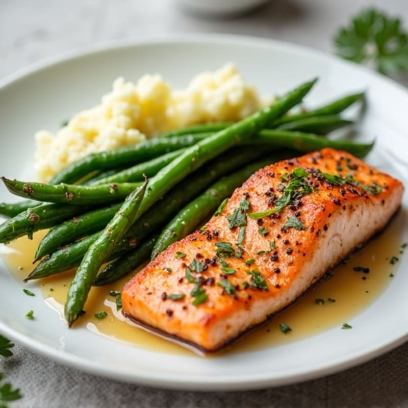 Seared Salmon with Garlic Green Beans and Cauliflower Mash