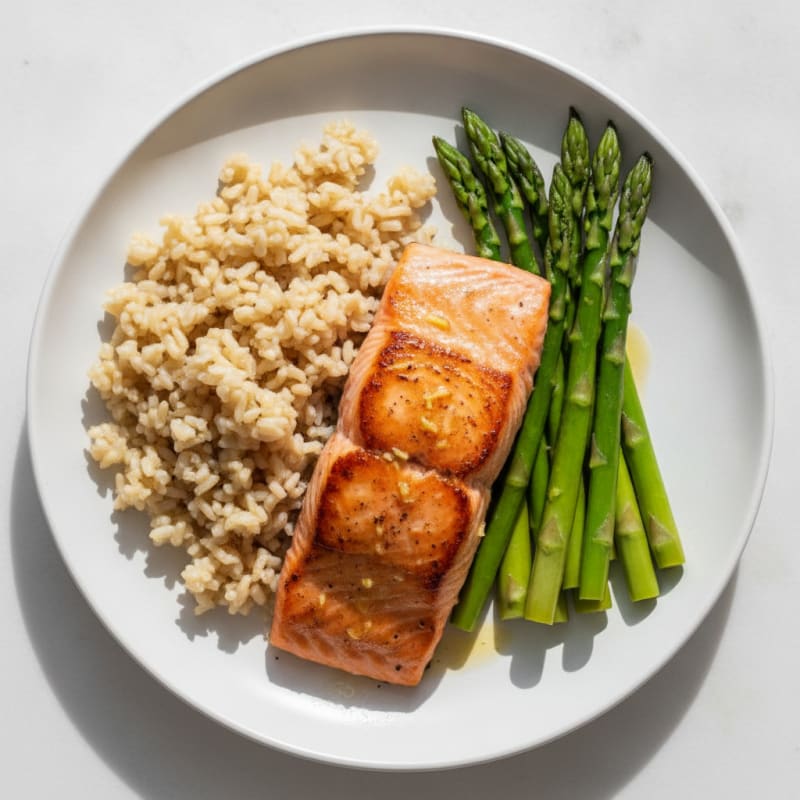 Seared Salmon with Steamed Asparagus and Brown Rice