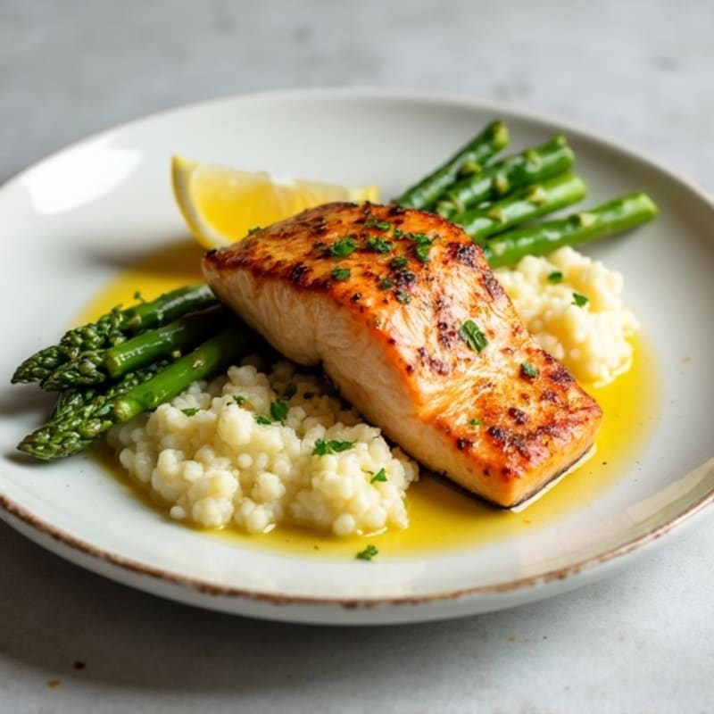Seared Salmon with Steamed Asparagus and Garlic Cauliflower Mash