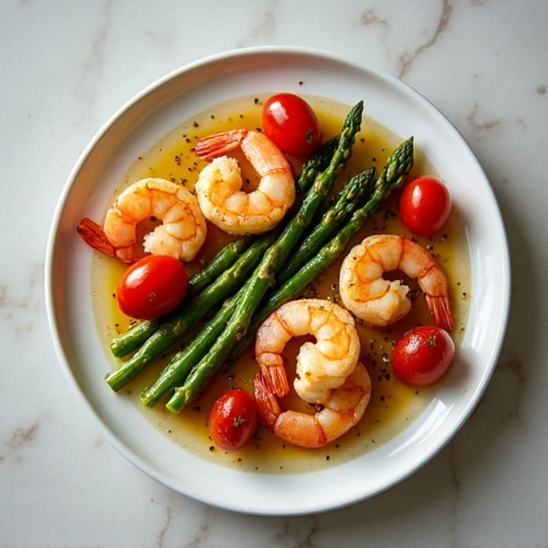 Pan-Seared Lemon Garlic Shrimp with Roasted Asparagus and Cherry Tomatoes