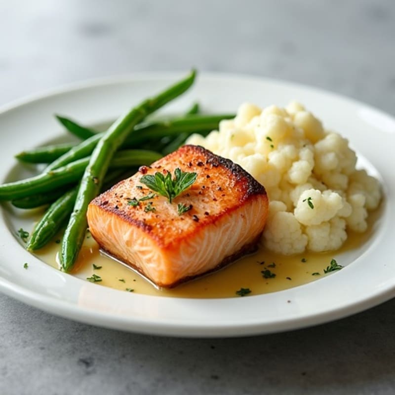 Seared Salmon with Steamed Green Beans and Garlic Mashed Cauliflower