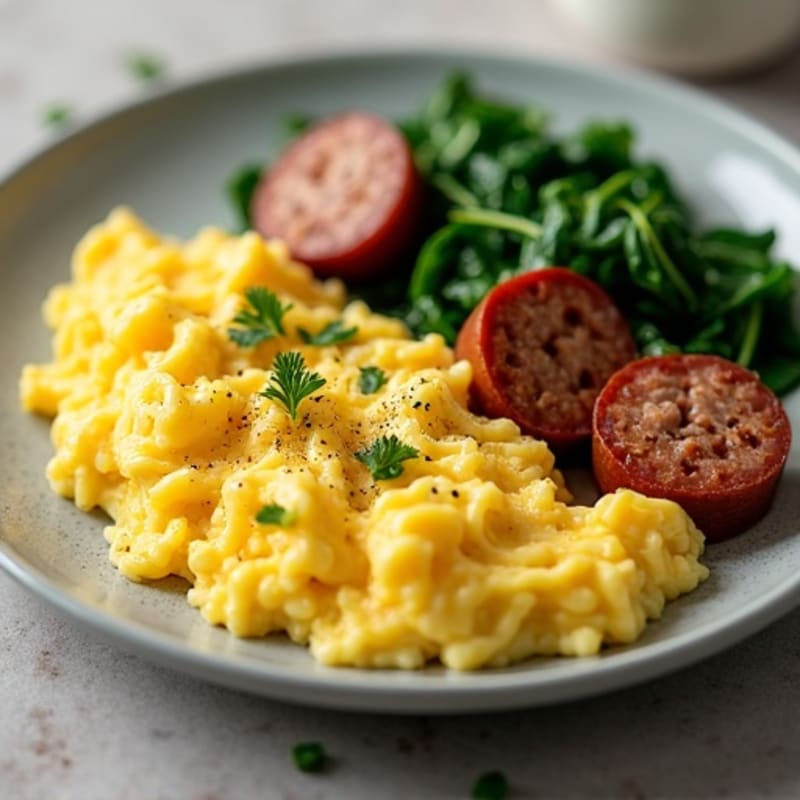 Fluffy Scrambled Eggs with Lean Turkey Sausage and Sautéed Spinach