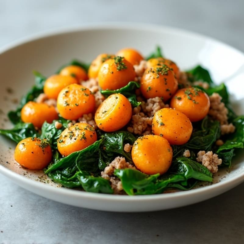 Sweet Potato Gnocchi with Sautéed Spinach and Lean Ground Turkey