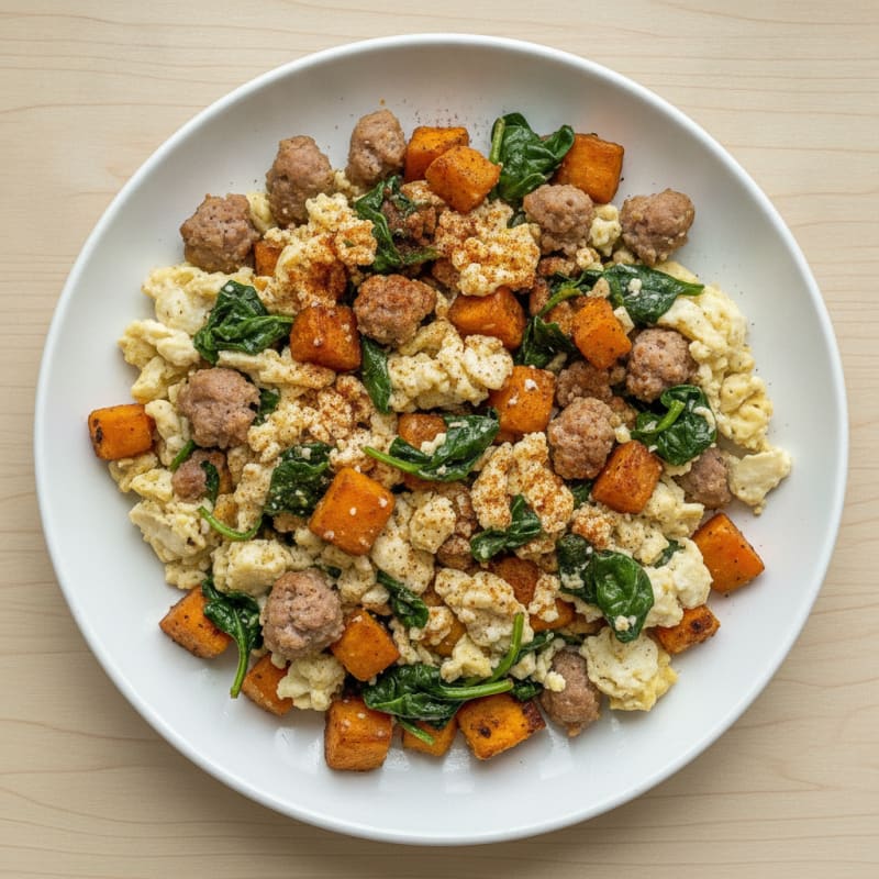 Egg White and Turkey Sausage Scramble with Spinach and Sweet Potato