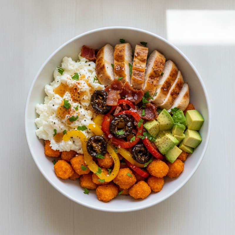 Sweet Potato Tot Breakfast Bowl with Bell & Chipotle Peppers
