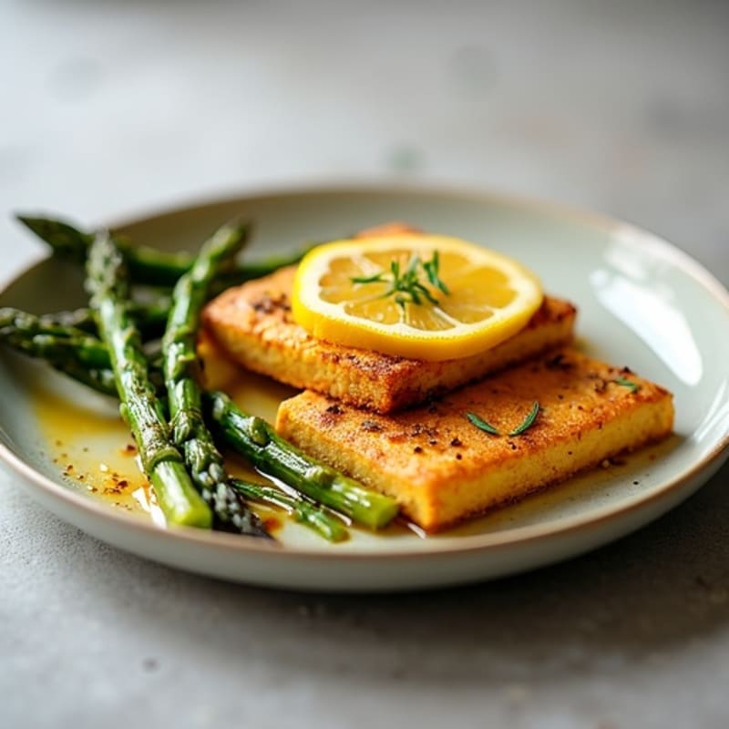 Crispy Lemon Garlic Tofu with Roasted Asparagus