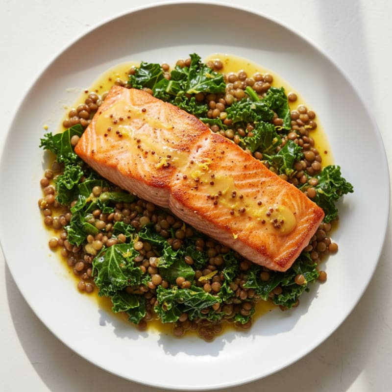Seared Salmon Fillet with Lentil and Kale Salad