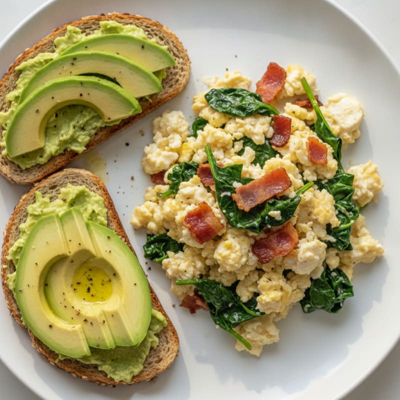 Egg White Scramble with Turkey Bacon and Sautéed Spinach