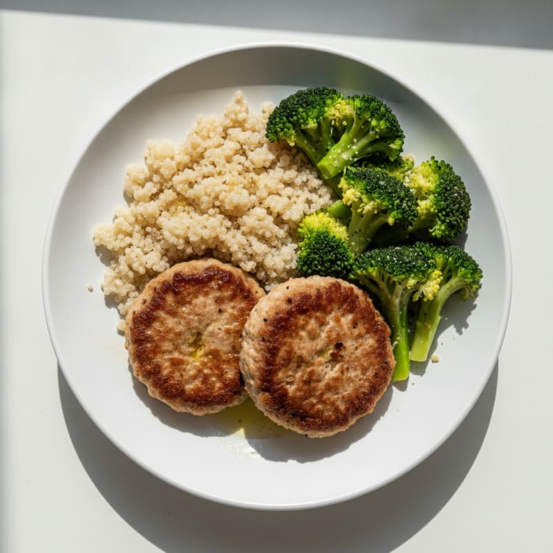 Seared Turkey Patties with Steamed Broccoli and Quinoa