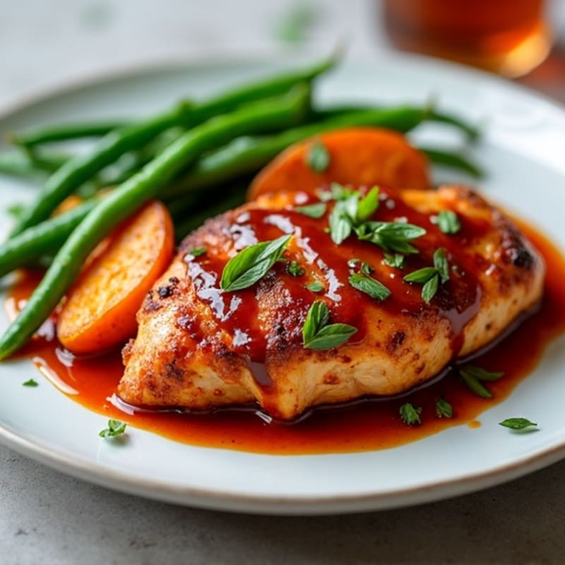 BBQ Chicken with Roasted Sweet Potatoes and Crispy Green Beans