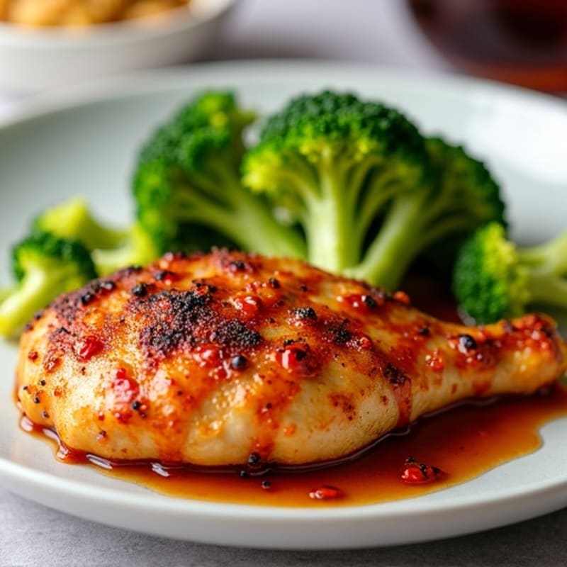 Crispy Baked Chicken with Sweet and Spicy Garlic Sauce and Steamed Broccoli