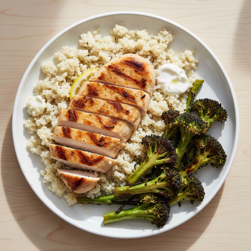 Grilled Chicken Breast with Creamy Quinoa and Roasted Broccoli